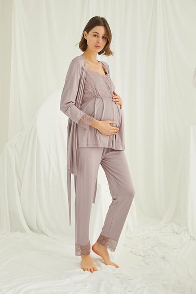 misigo Lace Front Buttoned Maternity 3-Piece Dressing Gown Set Mink