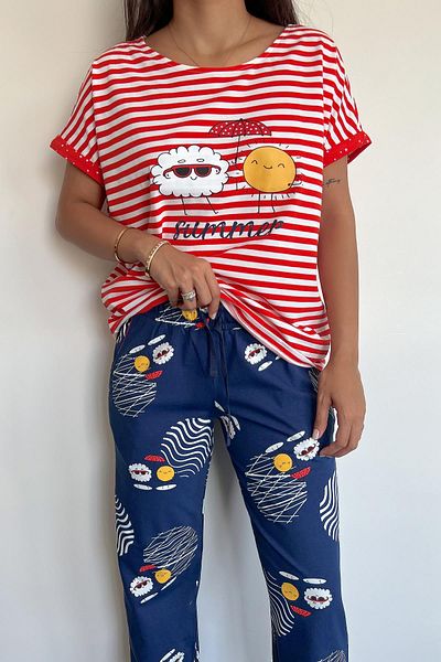 misigo Stripe Patterned Sun and Cloud Printed "summer" Pajama Set Red-white
