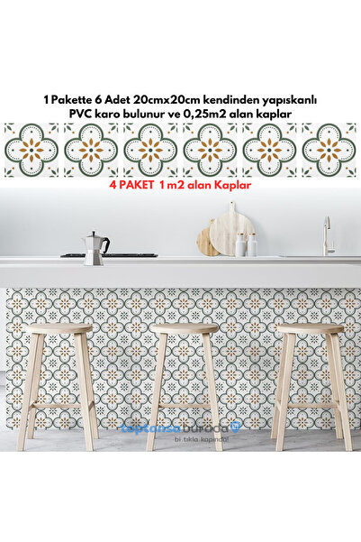 Trendpoint Kendinden Yapışkanlı PVC Sticker 6Adet 20cm×20cm Mutfak Banyo Duvar Zemin Kaplama