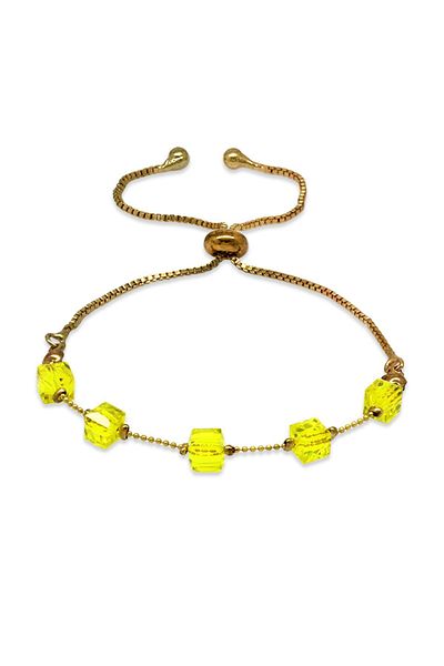 Tesbihane Metal Chain Cube Cut Yellow Crystal Stone Elevator Women's Bracelet