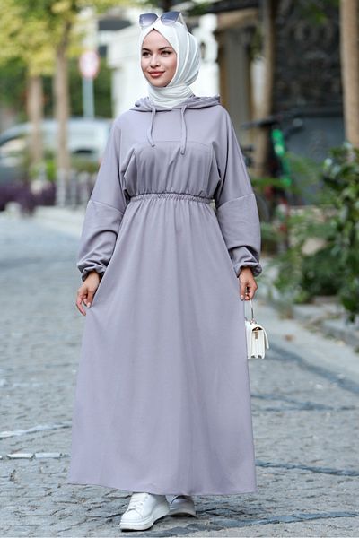 Bestenur Φόρεμα γκρι Hijab - Lidya, ελαστική μέση και κουκούλα 586