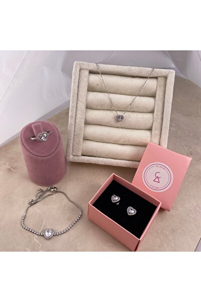 Alsem Gümüş Kalp Temalı Kolye Yüzük Bileklik Küpe Set , Özel Tasarım Pembe Kalp İşlemeli  Gümüş Set