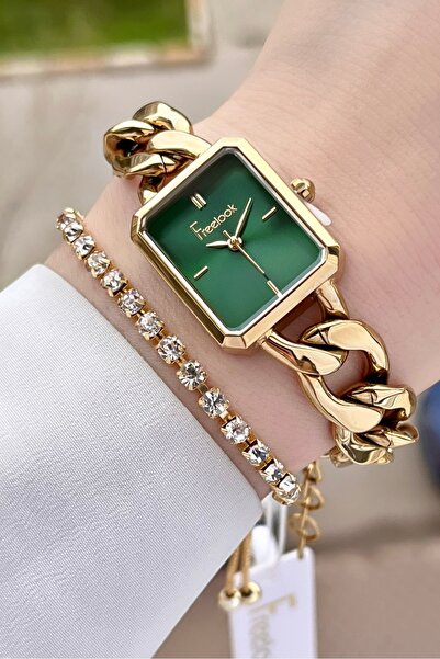 Freelook Gold Renk Zincirli Hediye Paketli 5 ATM Kadın Kol Saati ve Bileklik
