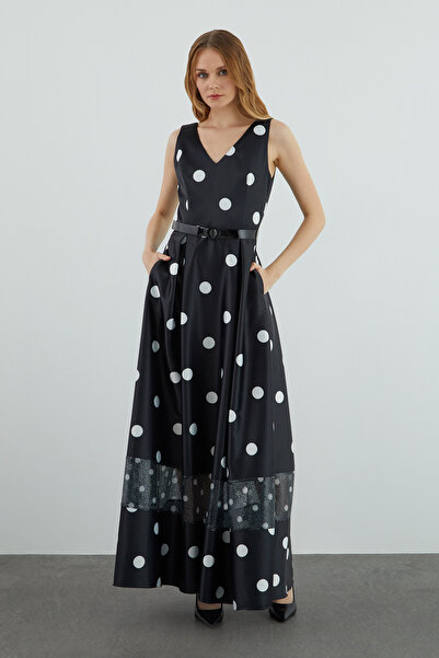 kı.we Sıfır Kol V Yaka Puantiye Pul Payetli Beli Kemerli Uzun Siyah Abiye Elbise