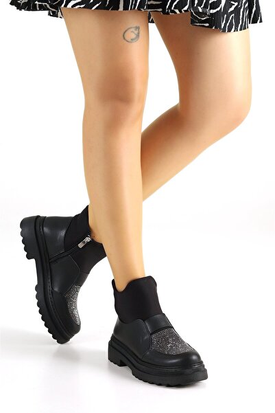 BEYAZ (Prego) Poli Hafif Taban Taş Detaylı Fermuarlı Günlük Kadın Bot SİYAH