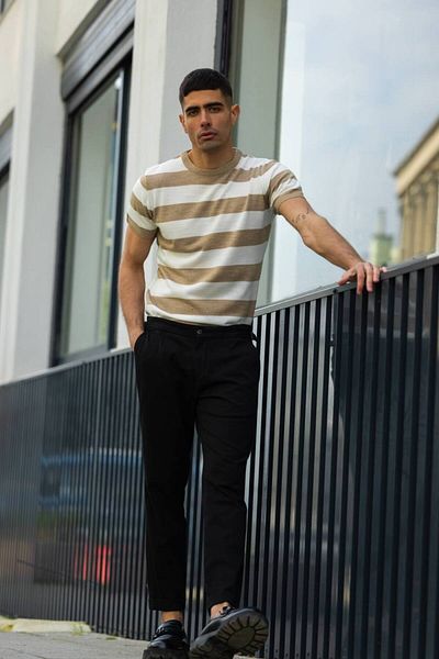 ixir Ανδρικό πλεκτό μπλουζάκι Crew Neck Horizontal Stripe - Καφέ Λευκό