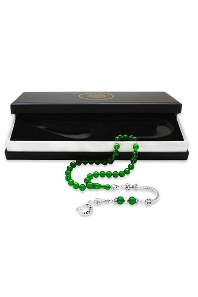 Tesbihane Non-Tarnish Metal Crescent Star Tasseled Globe Cut Green Fire Amber Prayer Beads