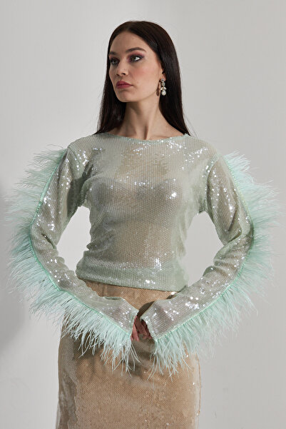 Lasiento Marcus Tüy Detaylı Mint Yeşili Payetli Bluz Elbise