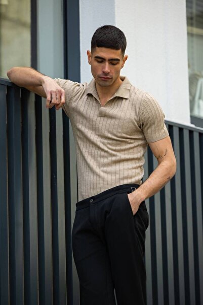 ixir Ανδρικό πλεκτό μπλουζάκι Polo Neck με ραβδώσεις - Καφέ