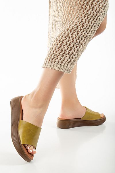 SANDALİ WOMEN'S GENUINE LEATHER VAKETA GREEN FILLED SOLE POLY SHOES SLIPPERS