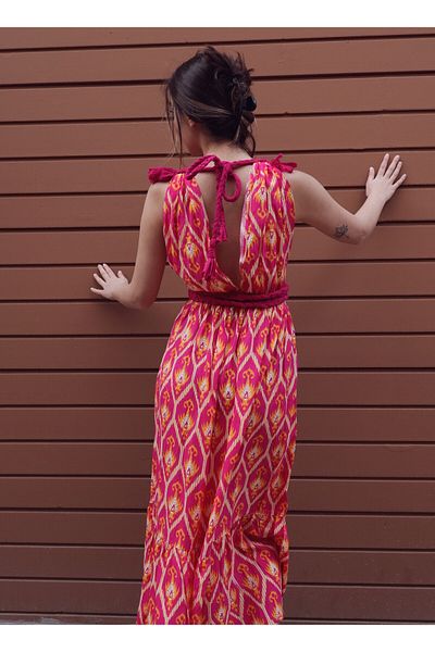 Su Koleksiyon Selene Ikat Pattern Boho Style Knitted Detailed Dress