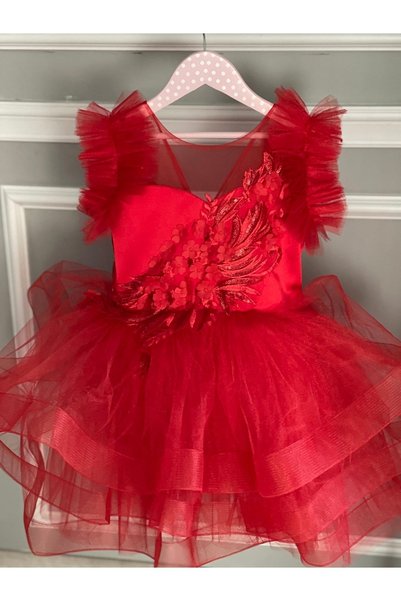 İPEKACOUTURE Kız Çocuk Elbise Kırmızı Renk Saten Ve Tül Etek Bölümü Kabarık