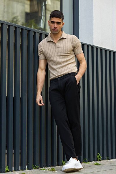 ixir Ανδρικό πλεκτό μπλουζάκι Polo Neck με ραβδώσεις - Καφέ