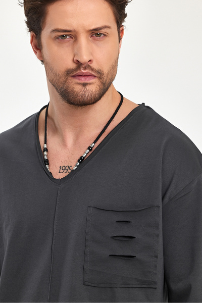 BABBOSS Tricou Super Oversize cu decolteu în V cu detaliu de buzunar