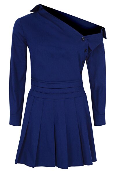 Muun ETEĞİ PİLELİ TEK OMUZ DETAYLI LACİVERT ELBİSE