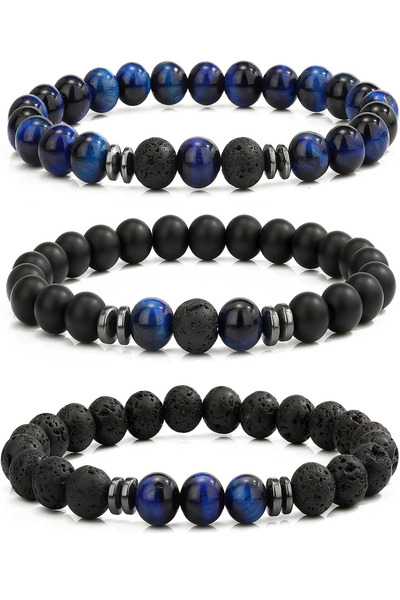 Kusakli 3-Piece Dark Blue Tiger Eye Lava Onyx Hematite Design Men's Natural S...