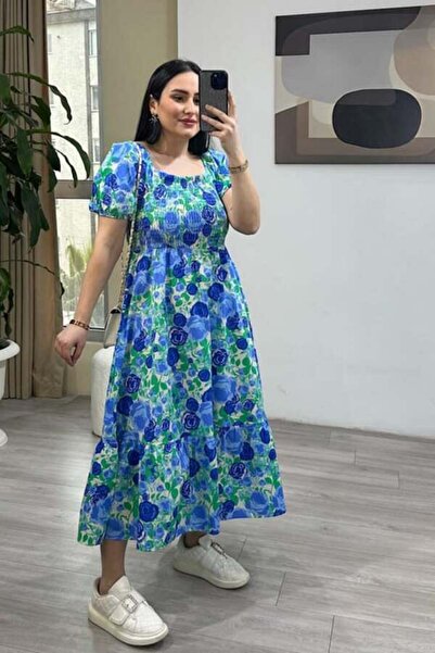 Dolunayca Yeşil Mavi Renk Poplin Elbise 2525