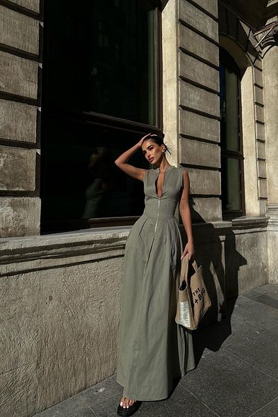 JaMolls țesătură de in Fustă clopot lată care se potrivește în talie mâneci zero detaliu fermoar mare rochie lungă echivalentă în pinterest