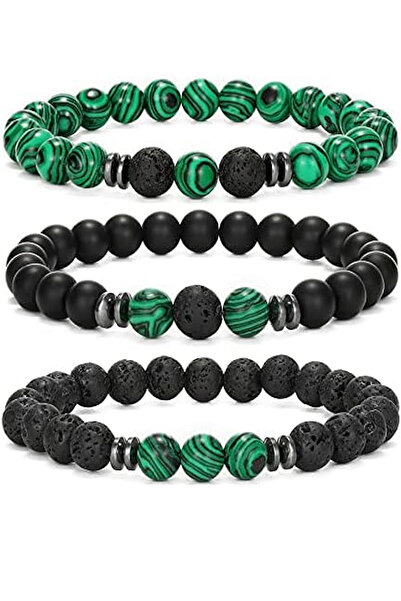 Kusakli مجموعة من 3 أساور من الحجر الطبيعي من Malahit Onyx Lava