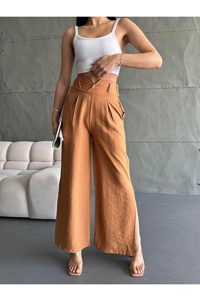 Eke Tekstil Camel Linen Women's Trousers - Slit Legs