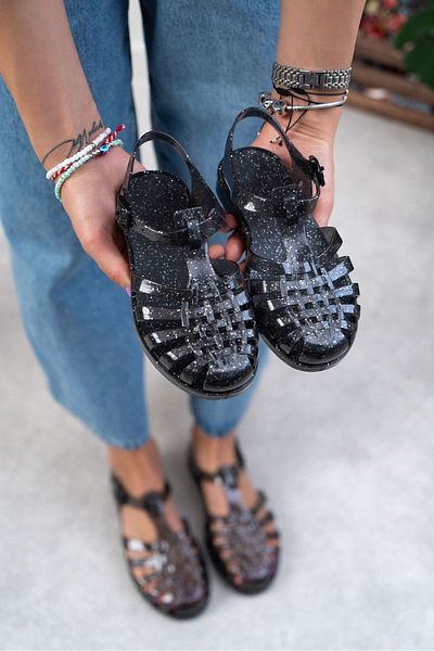 NİŞANTAŞI SHOES Anderline Jr. صندل أسود شفاف لامع بحزام غير لامع للأطفال