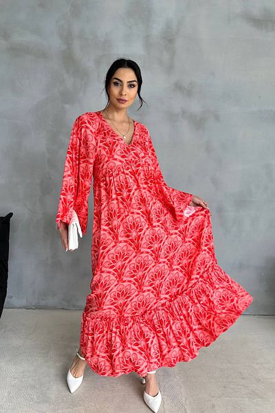 Ortaya Çık Pomegranate Flower Patterned V-Neck Summer Long Dress