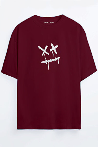 Harmandar Plus Tricou oversize unisex cu imprimeu Cross Face Roșu Claret - Al...