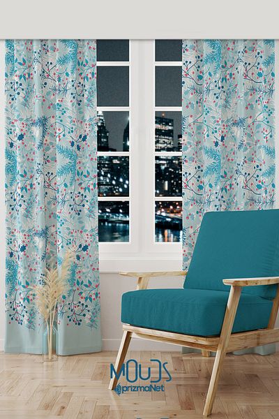 Moud's Winter Branches Patterned Suede Living Room Hall Background Curtain Printed Extrafor Drawstring 2 Sash PRD-1024