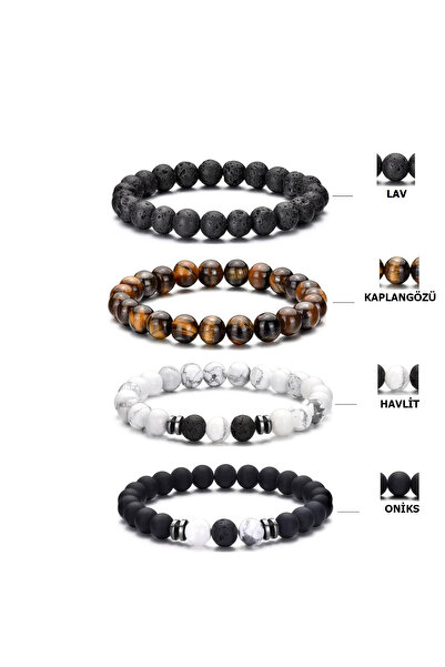 Kusakli 4lü Doğaltaş Tasarım Bileklik Seti Kaplangözü-Lav-Oniks-Beyaz Havlit