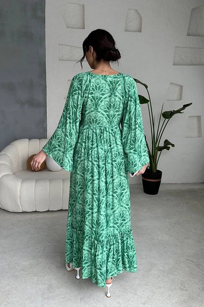 Ortaya Çık Green Patterned V-Neck Summer Long Dress