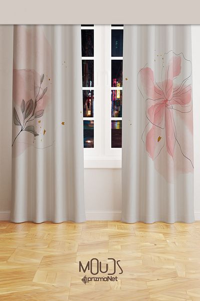 Moud's Flower Art 2 Patterned Suede Living Room Hall Background Curtain Printed Extrafor Drawstring 2 Sash PRD-1031