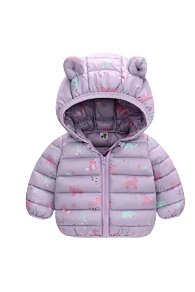 Petityu Unicorn baskılı lila pufudik mont