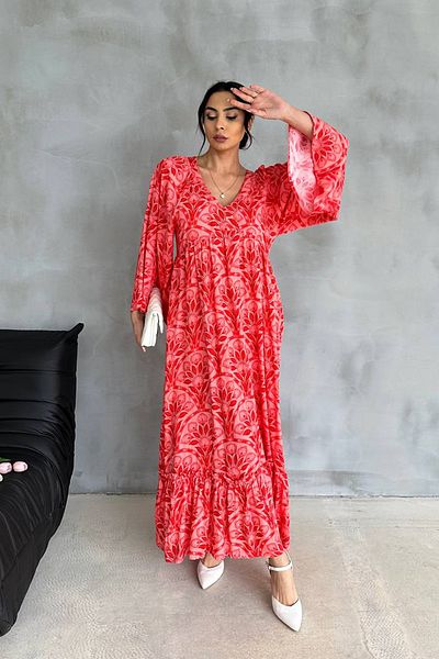 Ortaya Çık Pomegranate Flower Patterned V-Neck Summer Long Dress