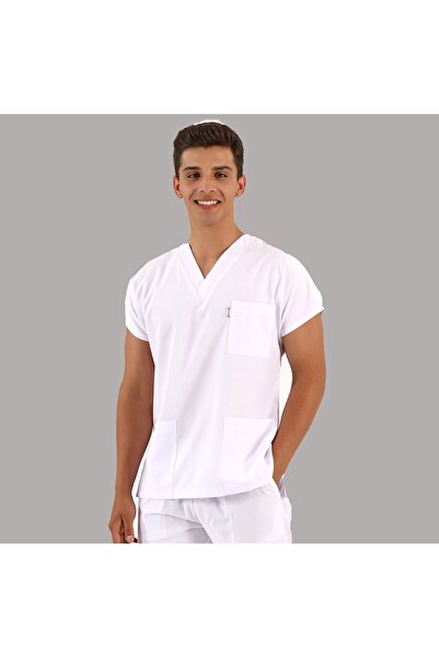scrubs forma Likralı Unisex Beyaz Scrubs Tek Üst