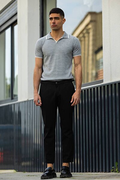 ixir Ριγέ πόλο λαιμόκοψη μονόχρωμο πλεκτό ανδρικό μπλουζάκι γκρι