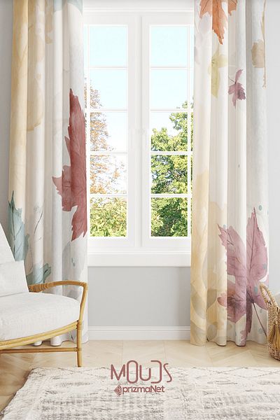 Moud's Autumn Leaves Patterned Suede Living Room Hall Background Curtain Printed Extrafor Drawstring 2 Sash PRD-1060