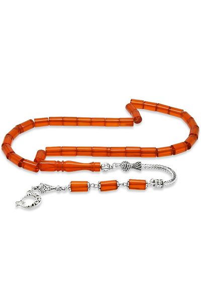 Tesbihane Red Fire Amber Prayer Beads - Non-Tarnish Metal, with Tassels and Cutting Cuts