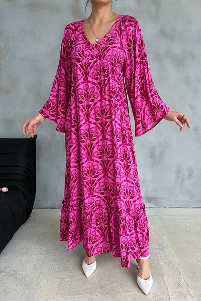 Ortaya Çık Pink Patterned V-Neck Summer Long Dress