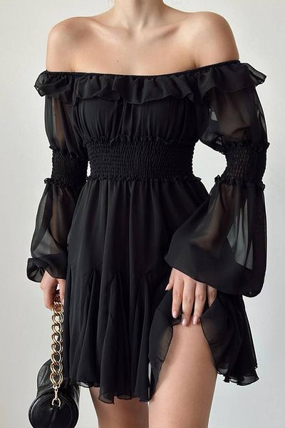 Ortaya Çık Black Madonna Collar Elastic Mini Dress