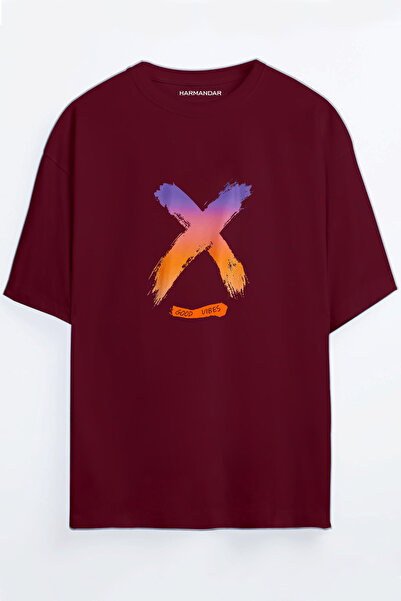 Harmandar Μπλουζάκι με στάμπα Good Vibes Claret Red - Μπλε Oversize