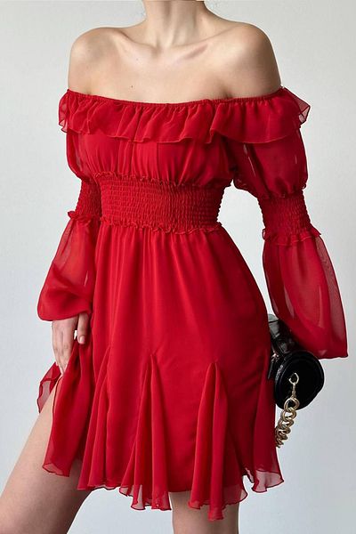 Ortaya Çık Red Madonna Collar Elastic Mini Dress