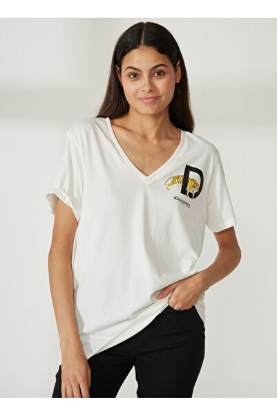 Discovery Expedition Discovery Expedition V Yaka Baskılı Kırık Beyaz Kadın T-...