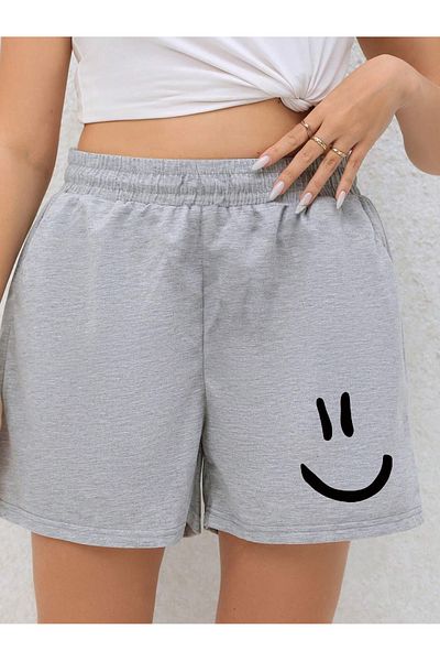 MODARİCH Smiling Face Shorts - Gray Printed High Waist Knitted Pocket Women