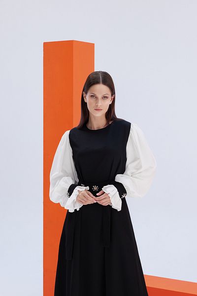 JAQAR Black and White Dress with Stone Detail