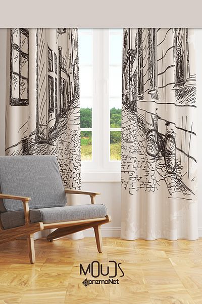 Moud's Street Sketch Patterned Suede Living Room Hall Background Curtain Printed Extrafor Drawstring 2 Sash PRD-1046