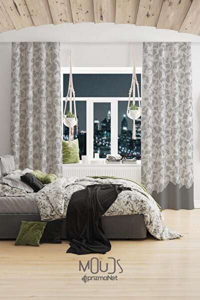 Moud's Beyaz Kalpler Desenli Süet Oturma Odası Salon Fon Perde Baskılı Ekstra...