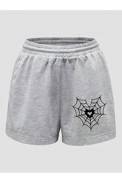 MODARİCH Network Pattern Shorts - Gray Printed High Waist Knitted Pocket Women