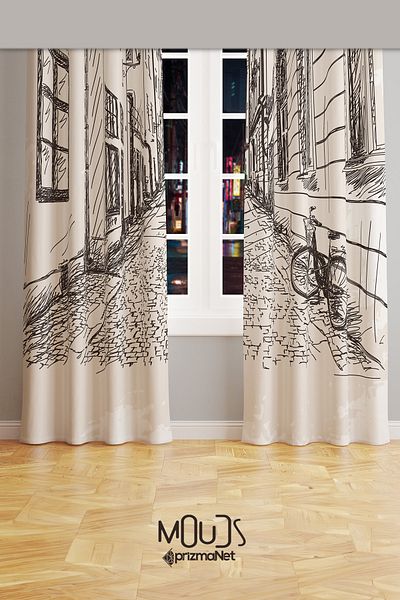 Moud's Street Sketch Patterned Suede Living Room Hall Background Curtain Printed Extrafor Drawstring 2 Sash PRD-1046