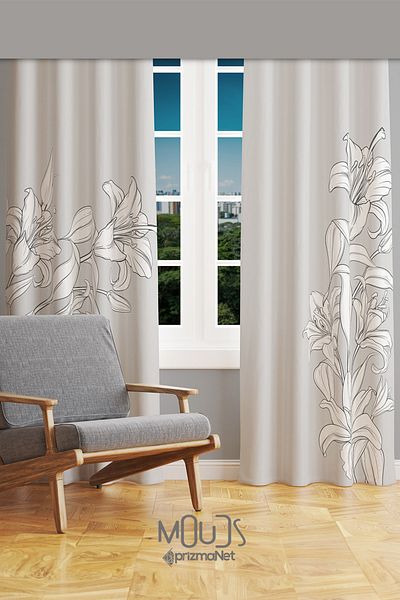 Moud's White Flowers Patterned Suede Living Room Hall Background Curtain Printed Extrafor Drawstring 2 Sash PRD-1052