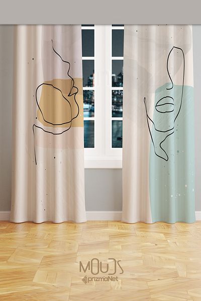 Moud's One Line Series Patterned Suede Living Room Hall Background Curtain Printed Extrafor Drawstring 2 Sash PRD-1047